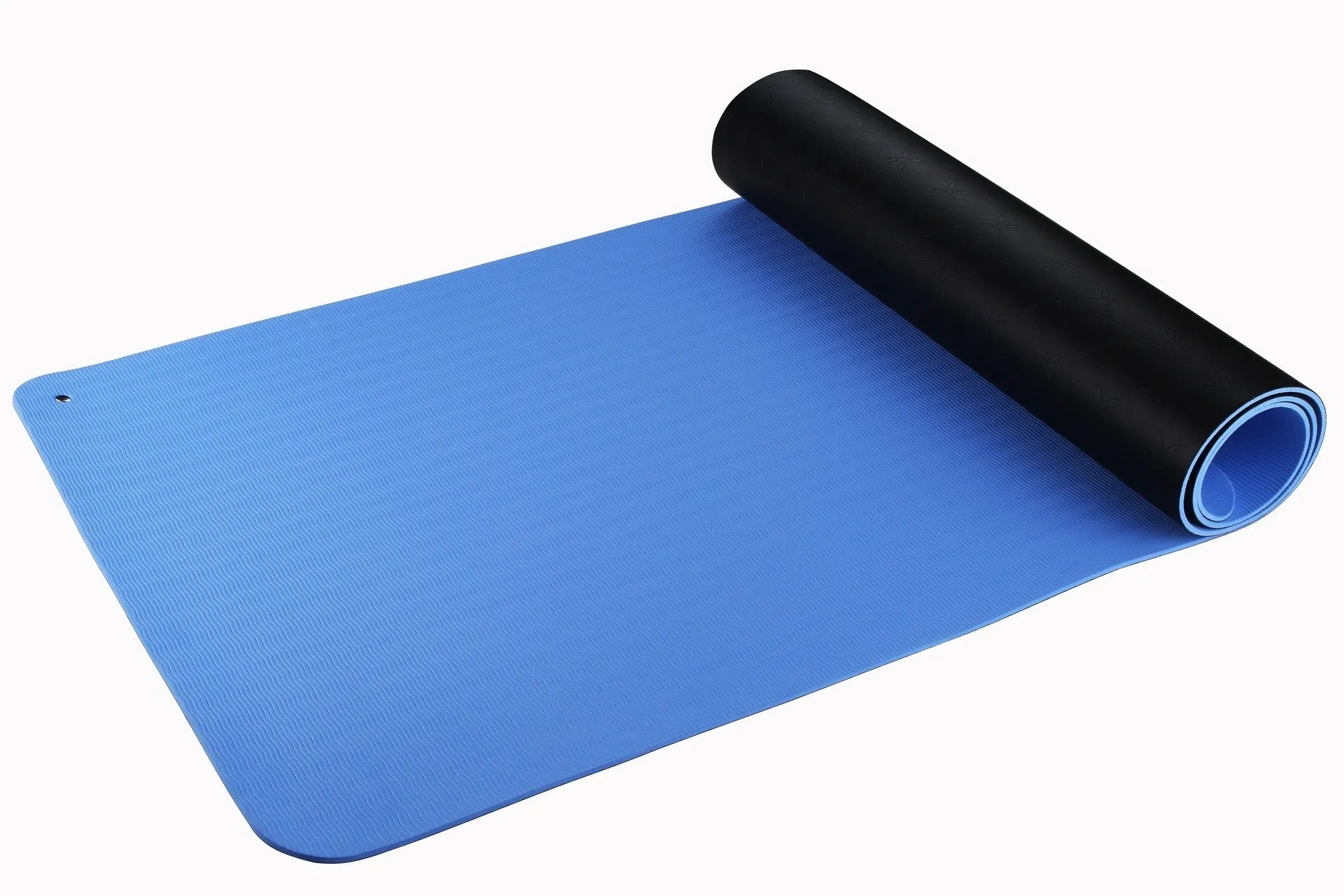 Blue conductive yoga mat with plants pattern, 182cm long, showing integrated grounding wire on non-slip PU surface.