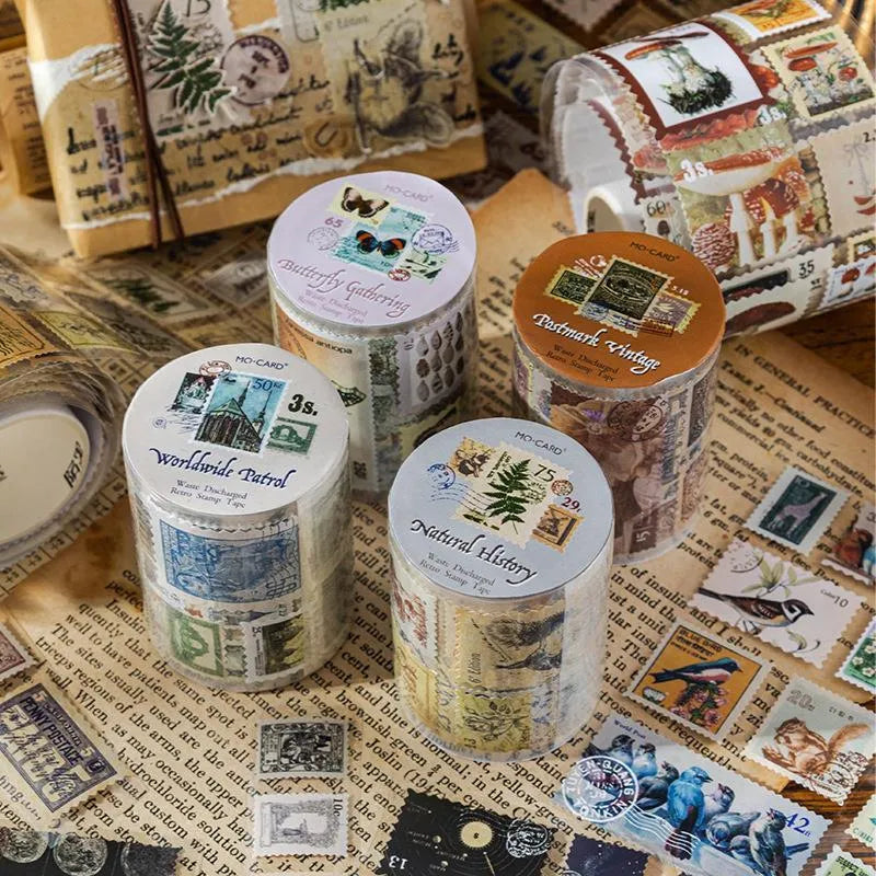 Retro DIY journal decoration coated paper stamp sticker roll showing 55mm width and sample designs from four collections