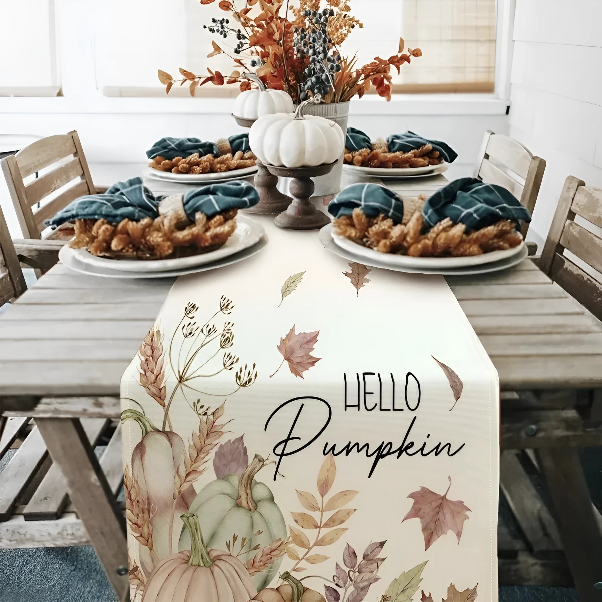 Beige polyester Thanksgiving table runner with floral pattern, size 33x183cm, on a wooden table