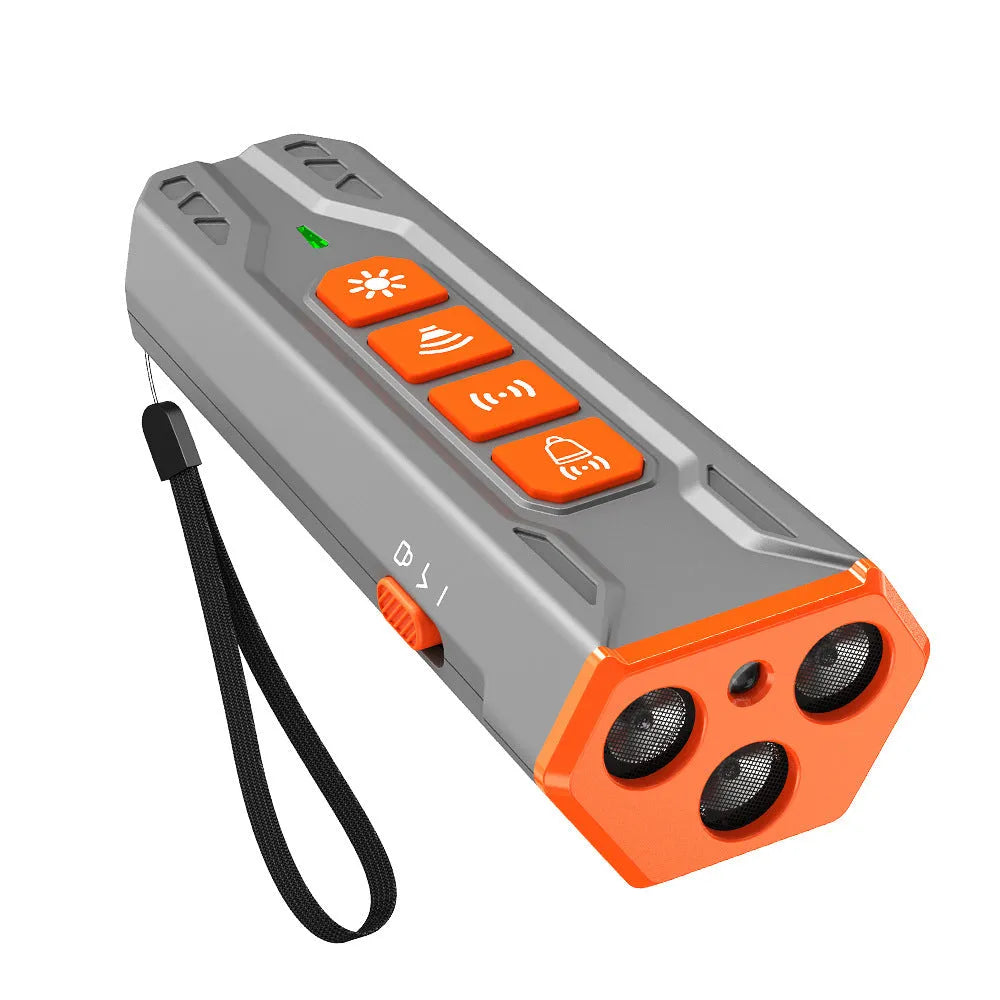 Three-head ultrasonic dog trainer device in ABS plastic with handheld remote design
