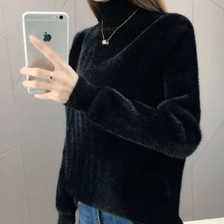 Women's half turtleneck solid colour bottoming shirt long sleeve black cotton blend size S to XXL