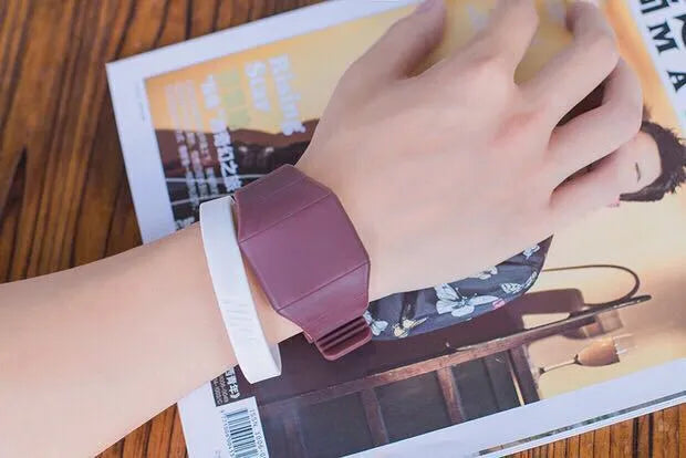 Square electronic digital watch with touch screen, plastic case, PU strap, and stainless steel buckle in multiple colours