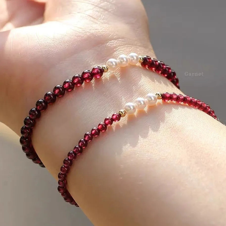 Women's artificial pearl bracelet with New Chinese garnet crystal beads in 3mm or 4mm size options