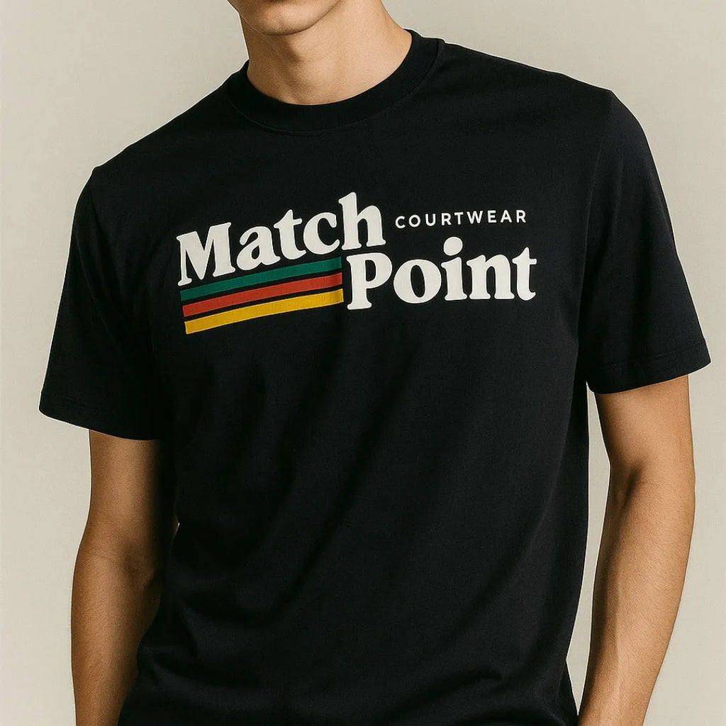 Black men's short sleeve tee shirt with a printed text pattern on the front.