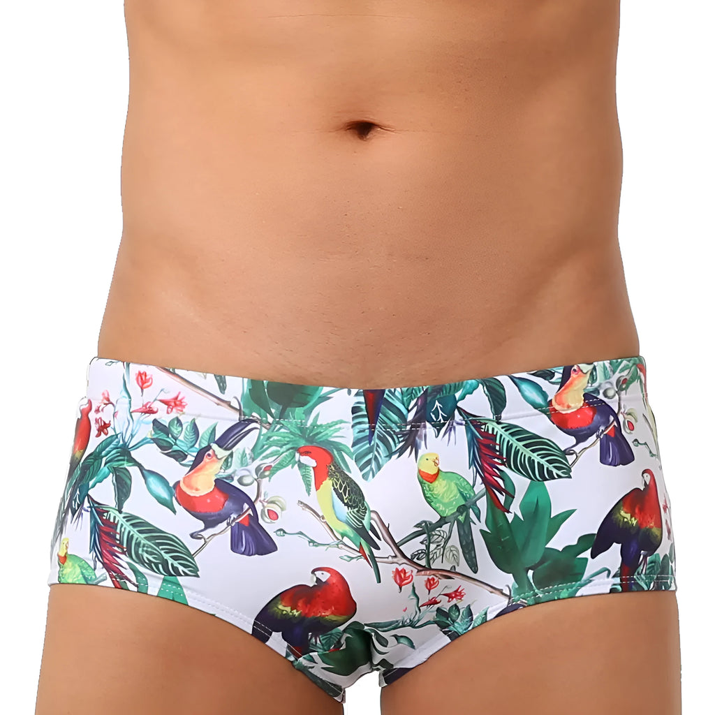 Men's floral bird print swim trunks with cup compartment in blue and white design