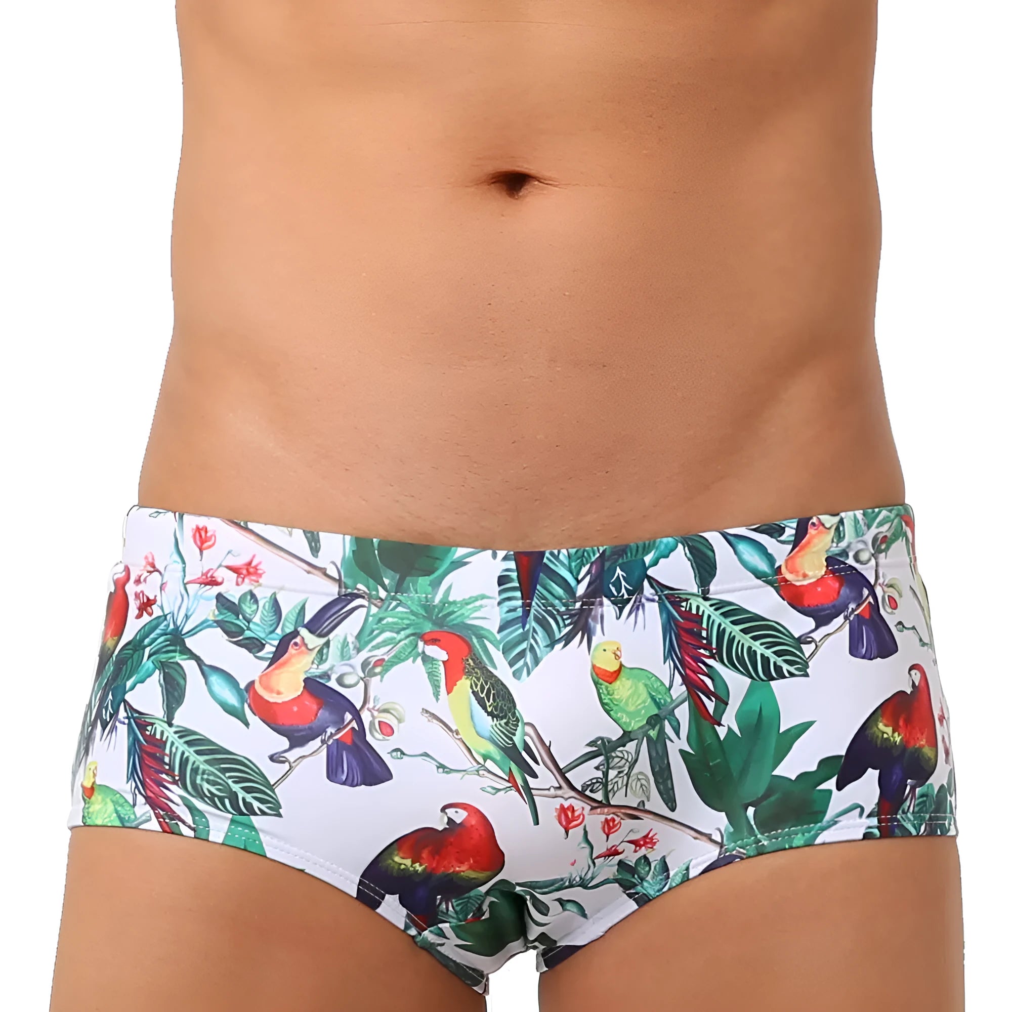 Men's floral bird print swim trunks with cup compartment in blue and white design