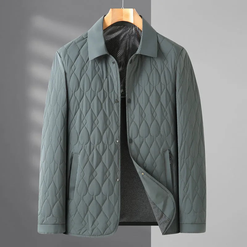 Men's lightweight diamond lattice cotton-padded jacket in black, gray green, and navy blue for autumn winter