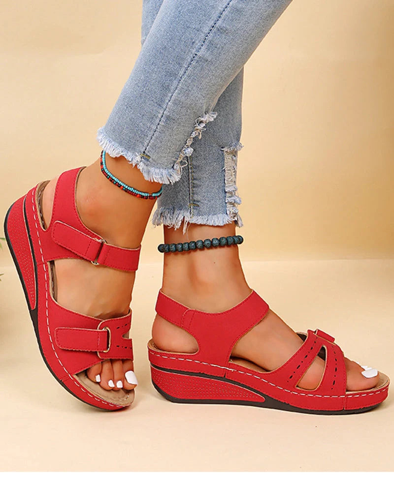 Women's velcro wedge sandals in red, black, brown, and off-white with breathable PU upper