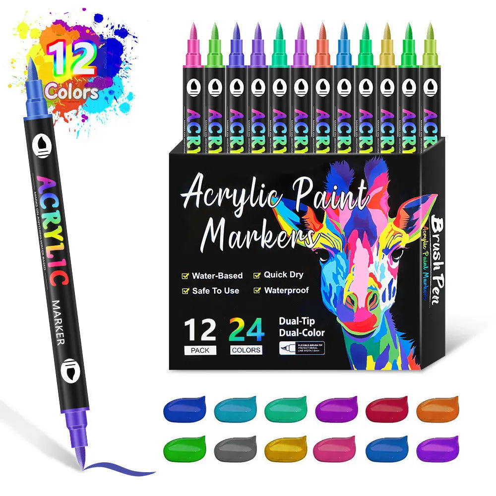 Set of washable double-headed acrylic marker pens with opaque quick-drying colours