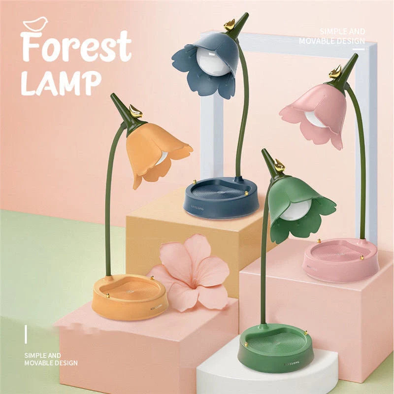 Flower LED Desk Lamp with adjustable brightness and wireless charging in yellow, blue, pink, and green