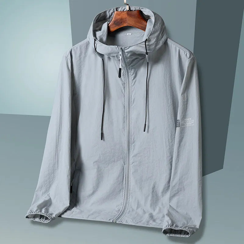 Men's loose fit ice silk sun protection jacket in Bud White with long sleeves and front zip closure