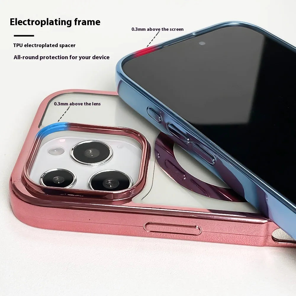 Transparent magnetic lanyard phone case for iPhone with black lanyard, TPU shockproof material, electroplating finish