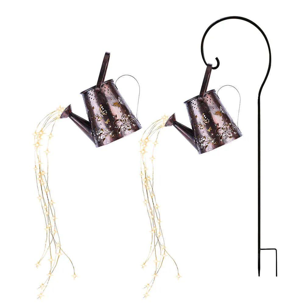 Iron solar garden lamp with pastoral butterfly pattern and warm white LED light.