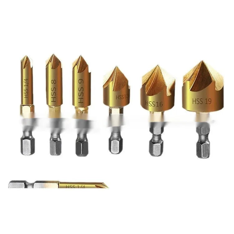 Titanium-plated high carbon steel five-blade chamferer set with six blades from 6mm to 19mm for woodworking