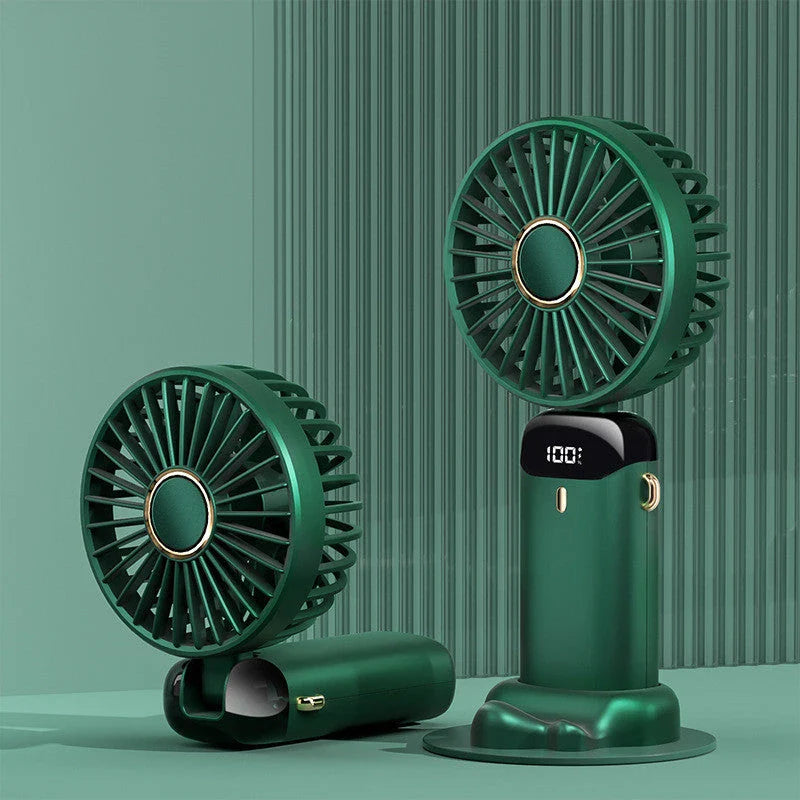 A portable USB-powered handheld fan with a sleek design, adjustable airflow, and long-lasting battery life.