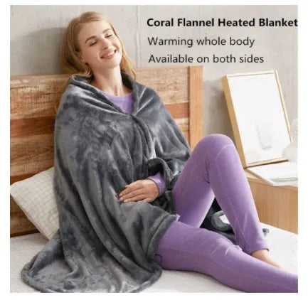 Dark grey USB electric heated blanket made from coral fleece, shown with a USB cable.