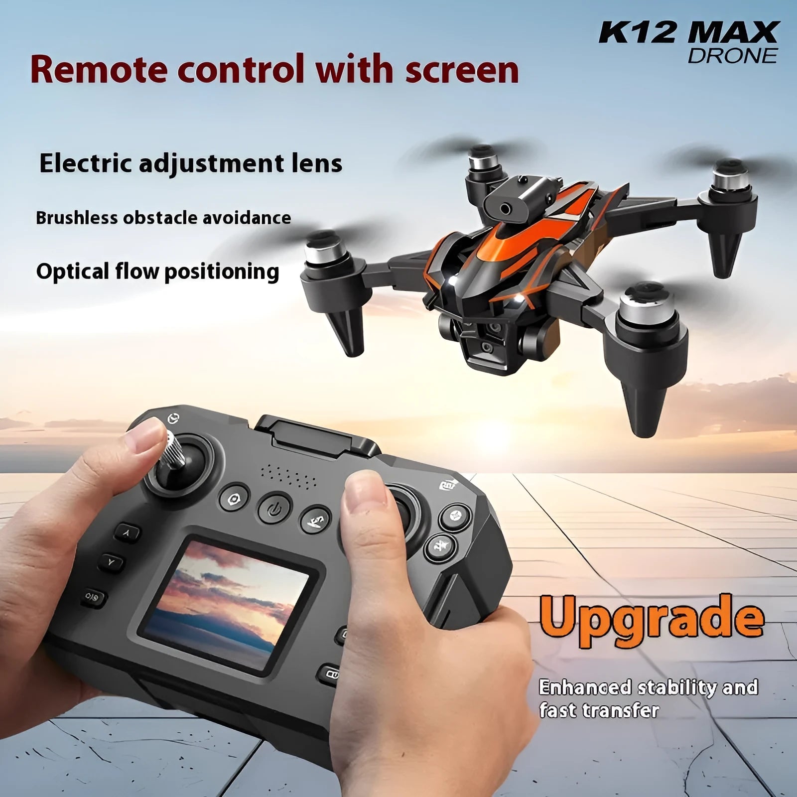K12MAX brushless folding UAV drone in orange with screen remote control and obstacle avoidance sensors