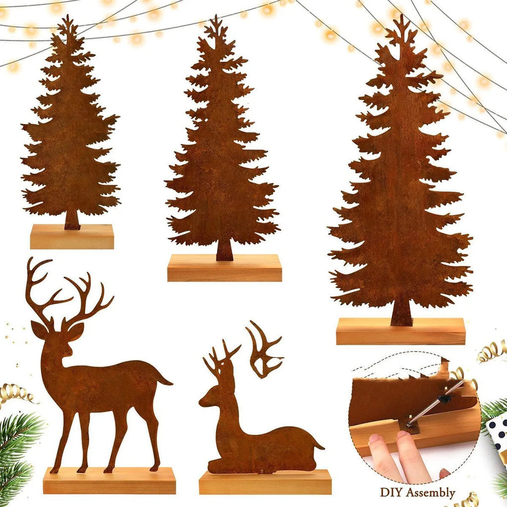 Three rustic iron metal Christmas tree ornaments featuring elk silhouettes, American style.