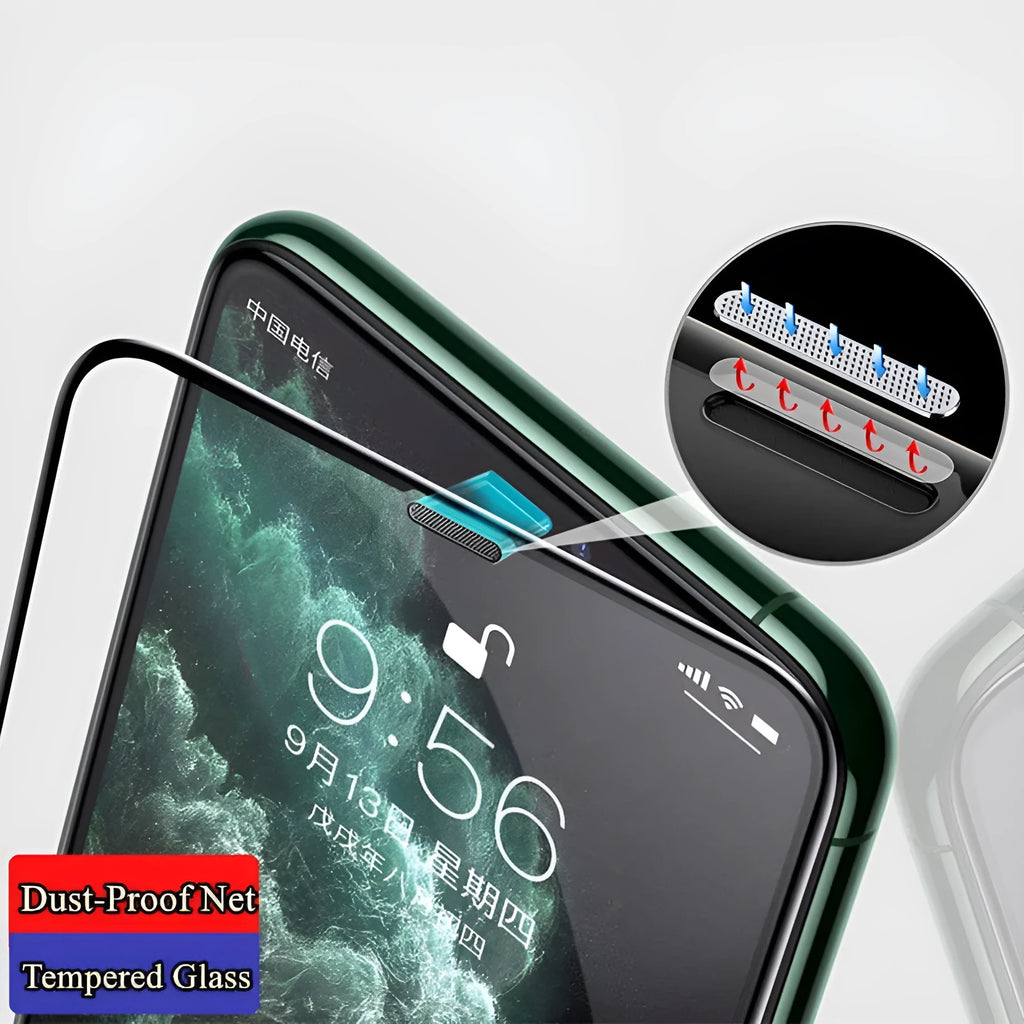 Privacy tempered glass screen protector with dustproof net for iPhone, showing anti-peeping, blue light, and standard variants.