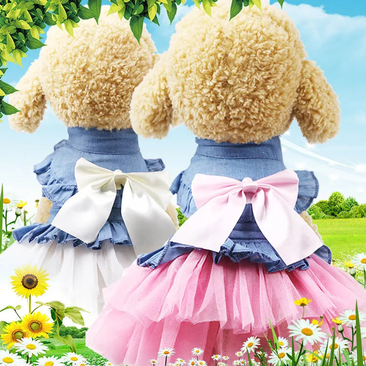 Korean denim pet skirt with creative bow design in princess style for dogs