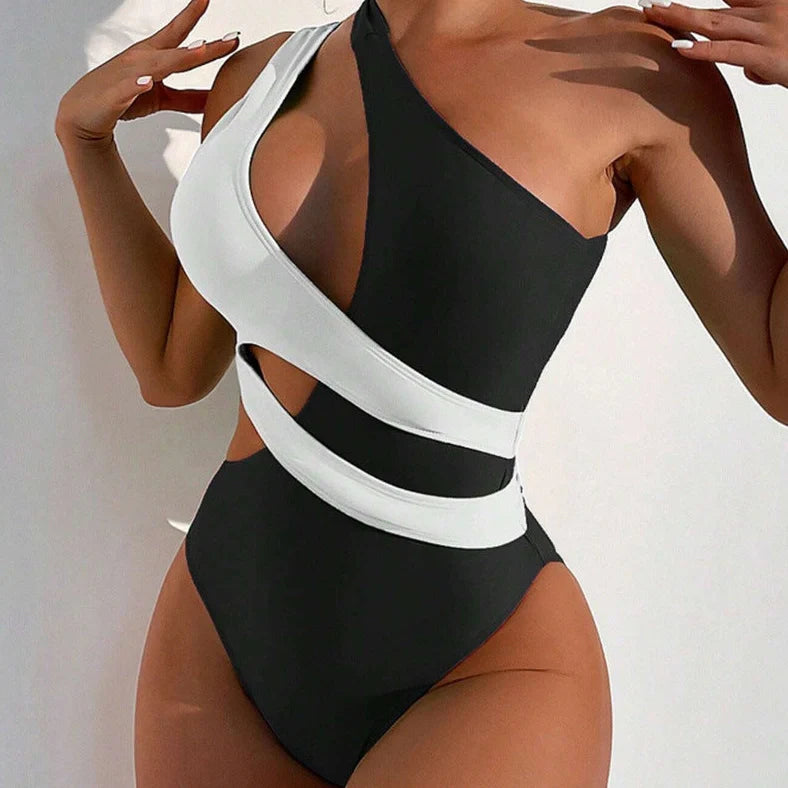 Women's black one-piece swimsuit with cross-colour lace-up front design for adjustable fit during swimming