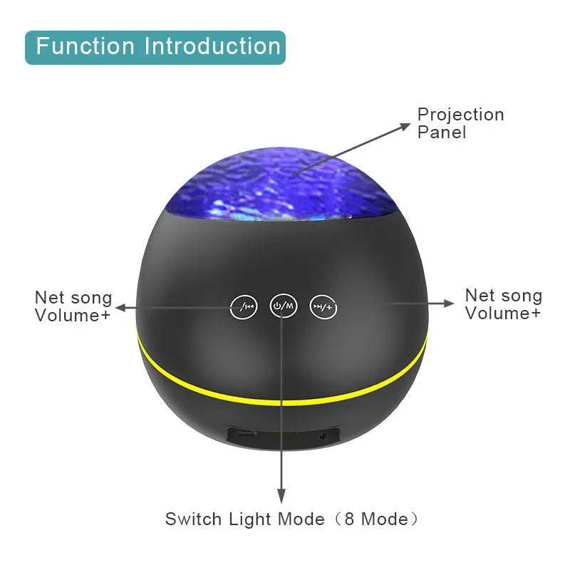 Coversage ocean wave projector LED night light with Bluetooth speaker, remote control, black, USB powered, 2.5-3m projection