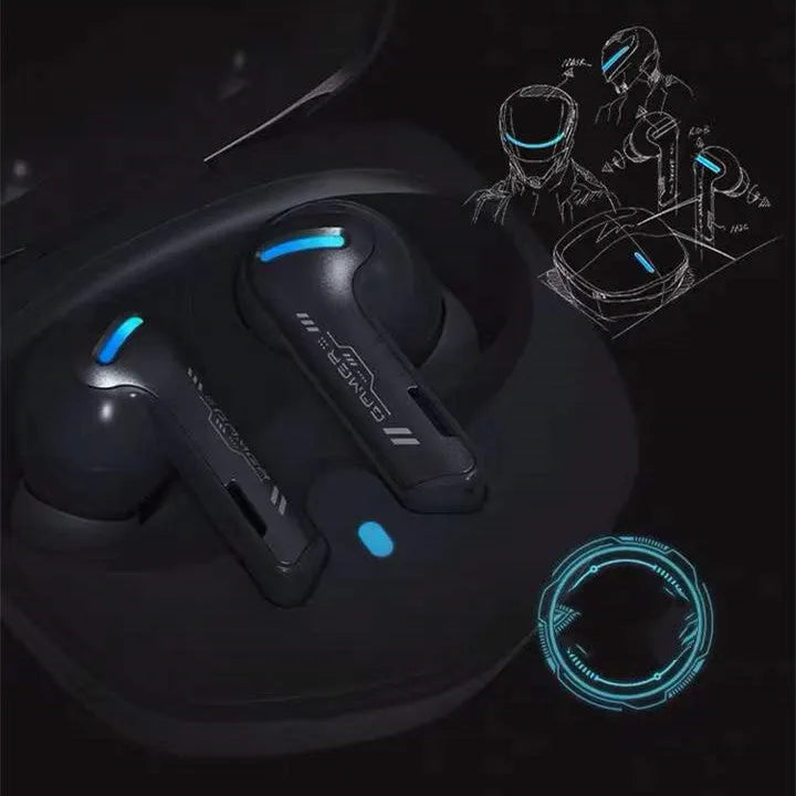 Grey QCY G1 wireless Bluetooth gaming headset with charging case and ear tips
