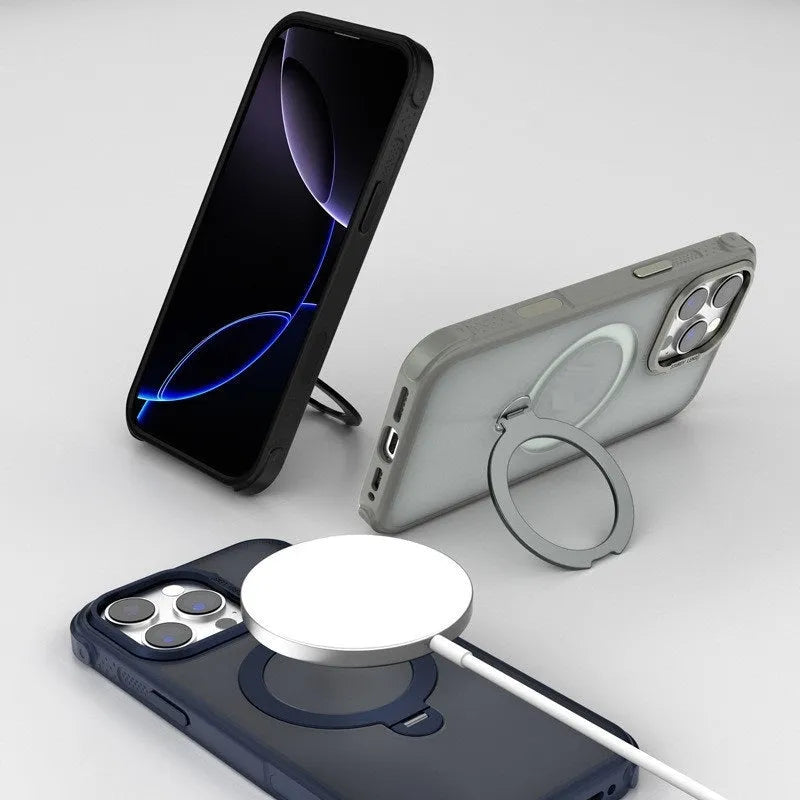 Skin-sensitive magnetic suction frosted phone case for iPhone 16 in Desert Gold with shockproof TPU PC metal build