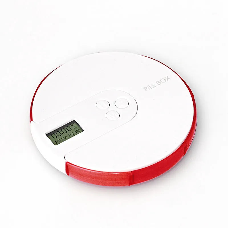 A compact blue alarm clock pill dispenser with seven compartments and an LED time display.