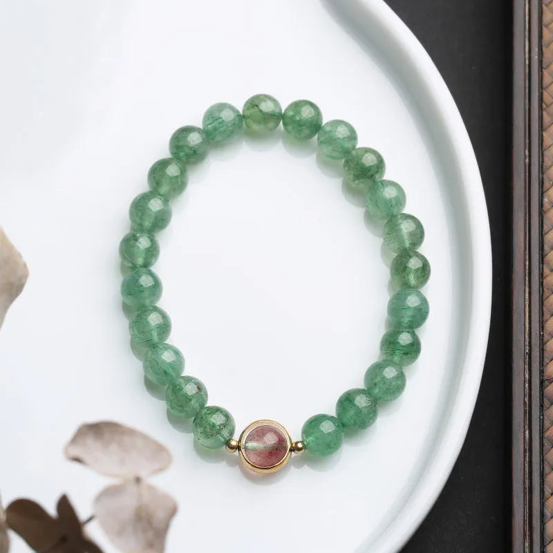 Green strawberry quartz hand-woven bracelet with 7.5mm beads and Chinese auspicious patterns