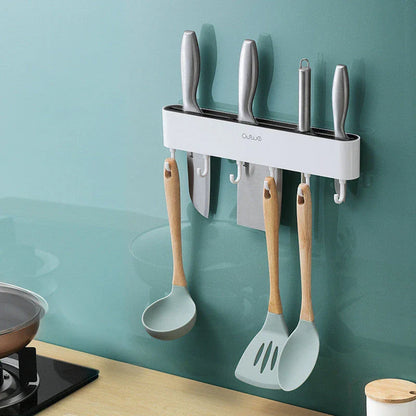 Wall-mounted knife holder in grey and black, holding 4 knives and 6 utensils