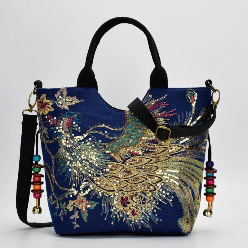 Canvas peacock embroidery small handbag with detachable strap in various colours