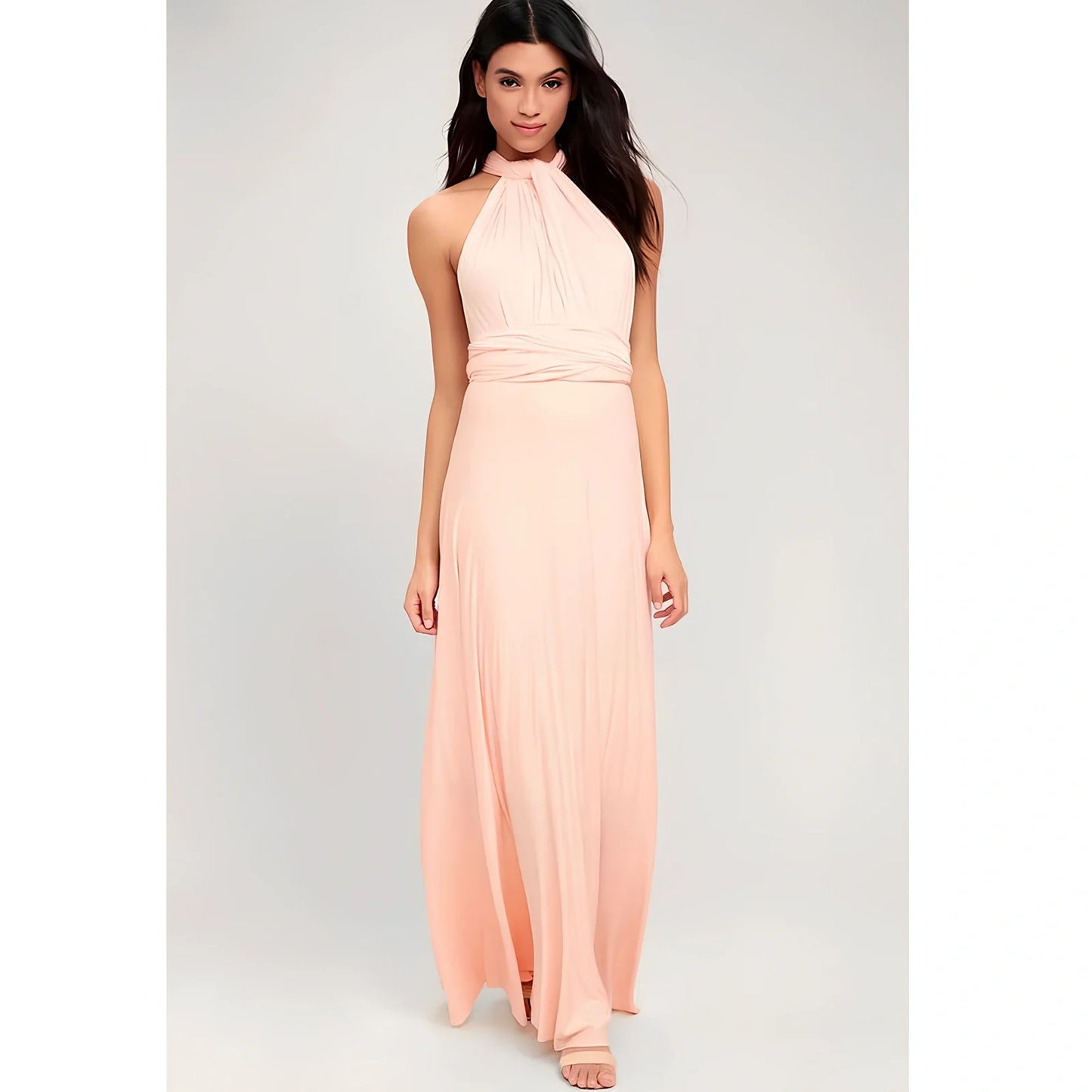 Women's khaki multiway bandage maxi dress with long straps, backless lace design, floor-length 158cm swing skirt in polyester milk silk