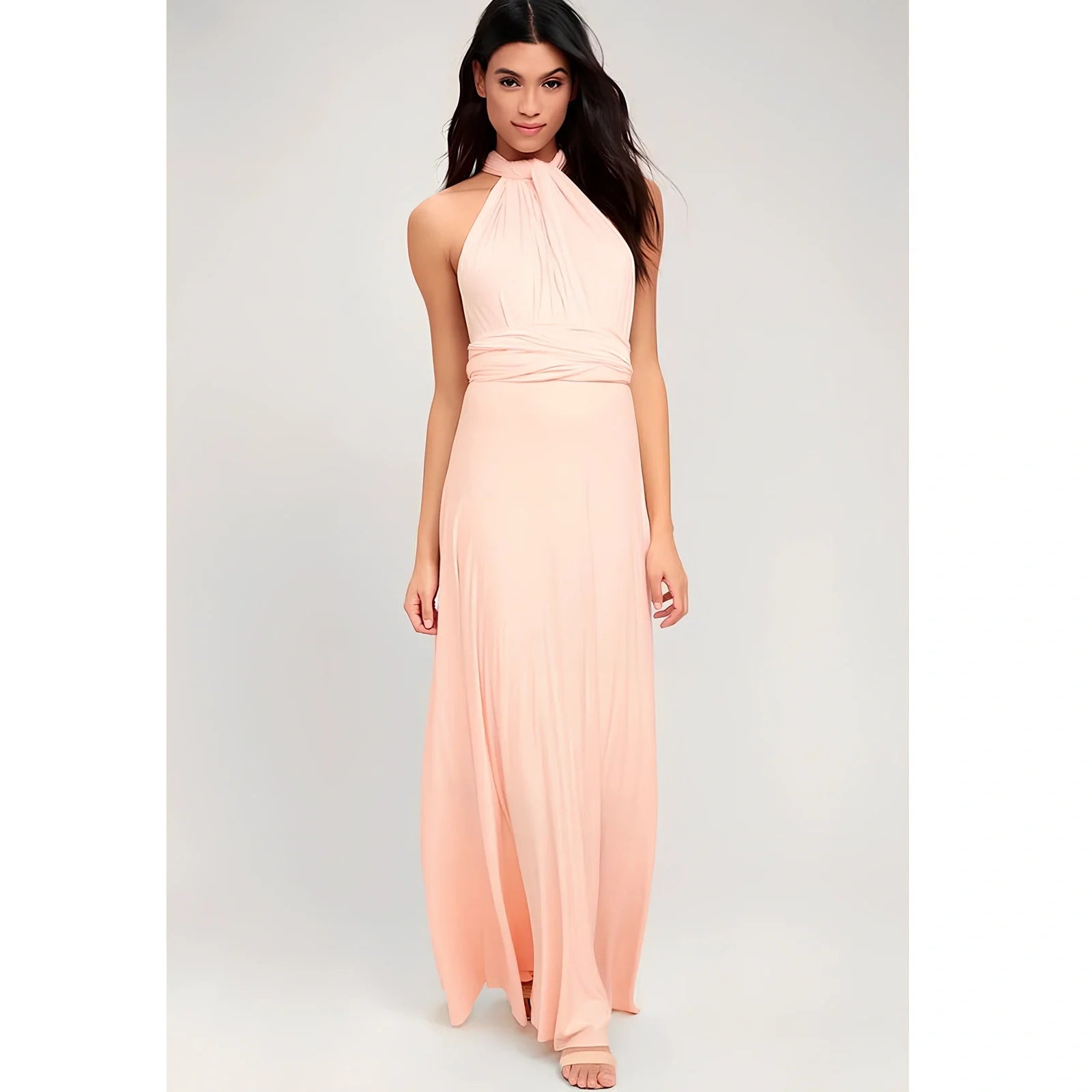 Women's khaki multiway bandage maxi dress with long straps, backless lace design, floor-length 158cm swing skirt in polyester milk silk