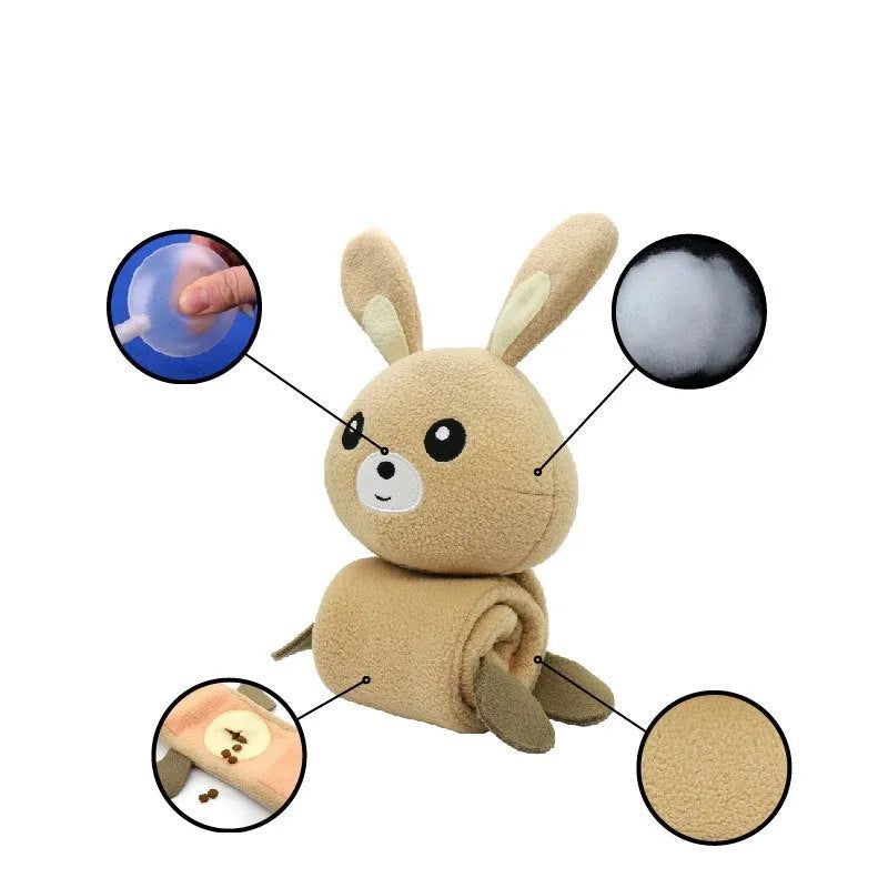 Plush fleece rabbit dog training toy with food compartments and squeaker, measuring 650mm in length