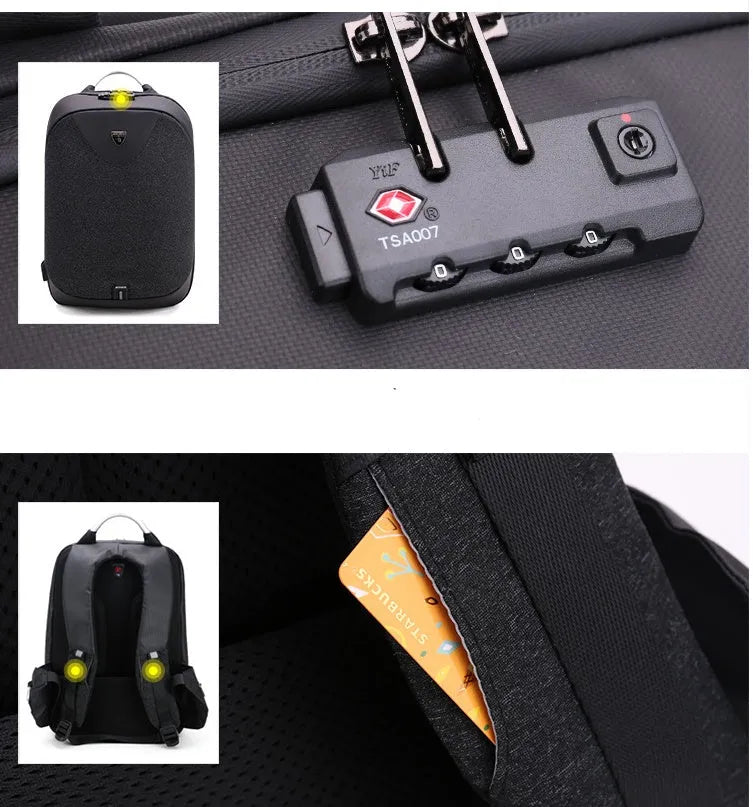 Men's anti-theft cross body shoulder bag for 15.6 inch laptop in black polyester with multiple pockets