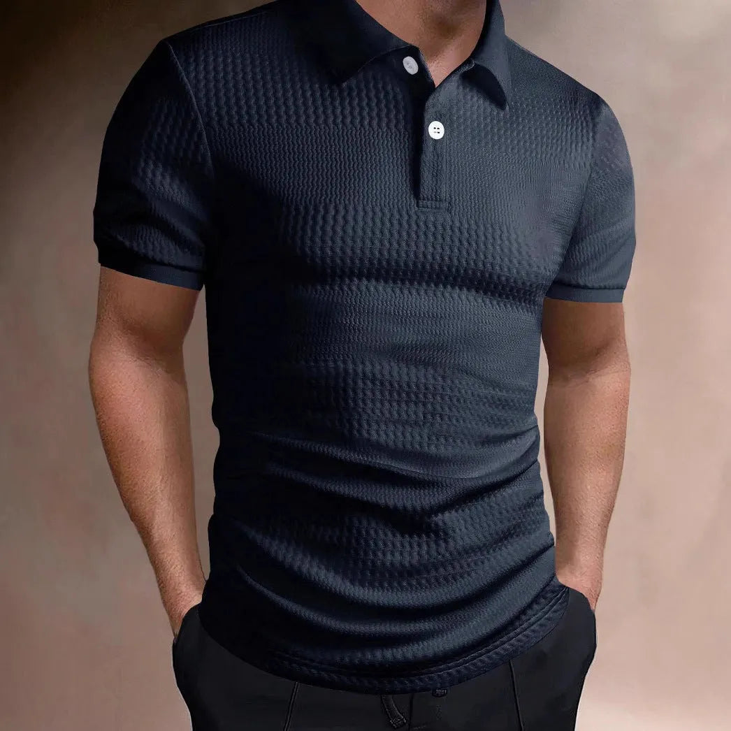 Men's loose striped polo shirt in black with asymmetric pattern and short sleeves