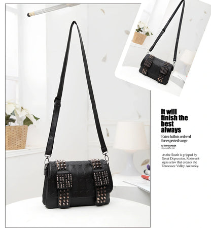 Black Shantou women's messenger bag with rivets, chain handle, and square shape for secure cross-body carry