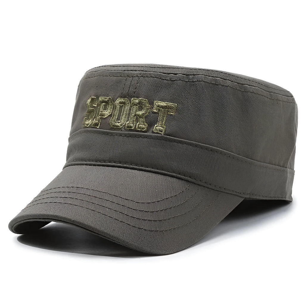 Men's adjustable flat-top cotton peaked cap in army green with English letter detail.