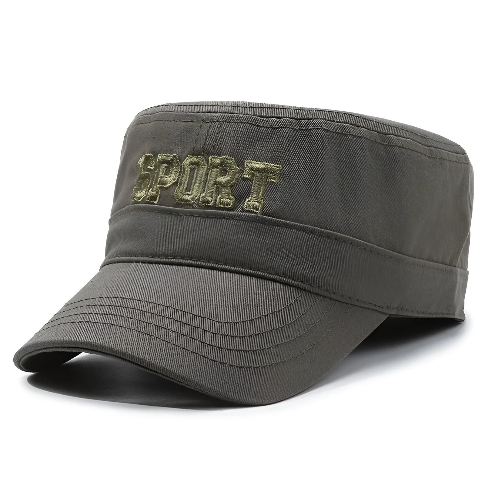 Men's adjustable flat-top cotton peaked cap in army green with English letter detail.