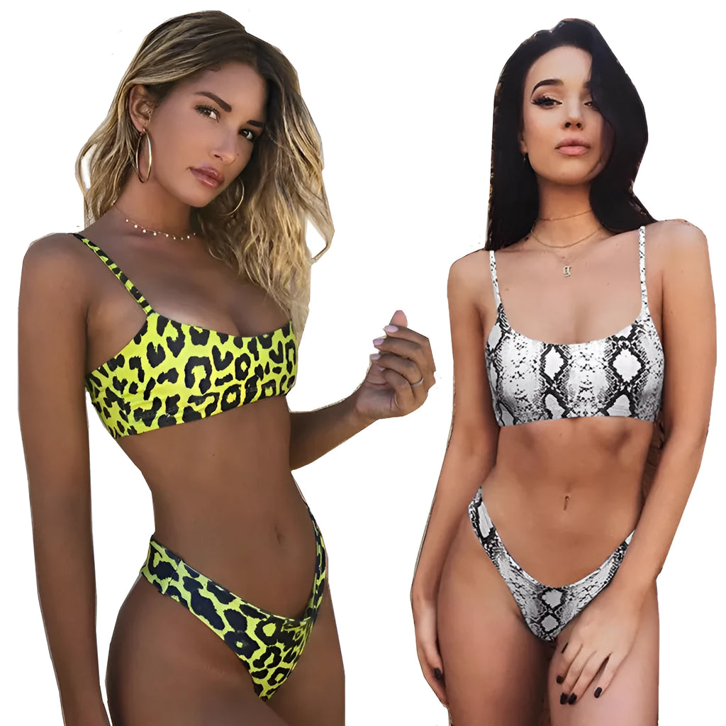 Leopard print bikini swimsuit split with bra and triangle bottom in polyester