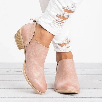 Women's retro high heel ankle boots in pink, black, and beige