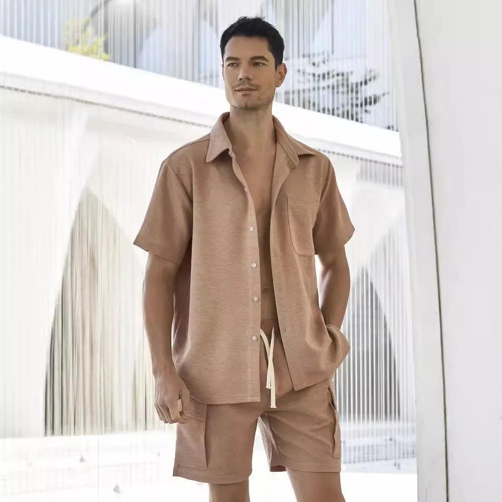 Women's elastic waist shorts two-piece set in beige with short sleeve top.