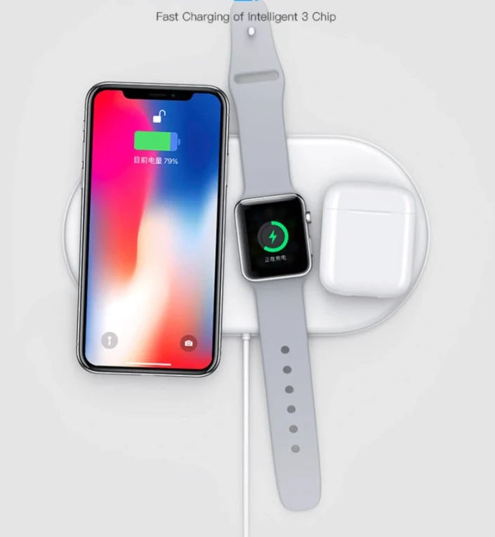 White 3-in-1 wireless charger station with Micro USB port and charging indicator