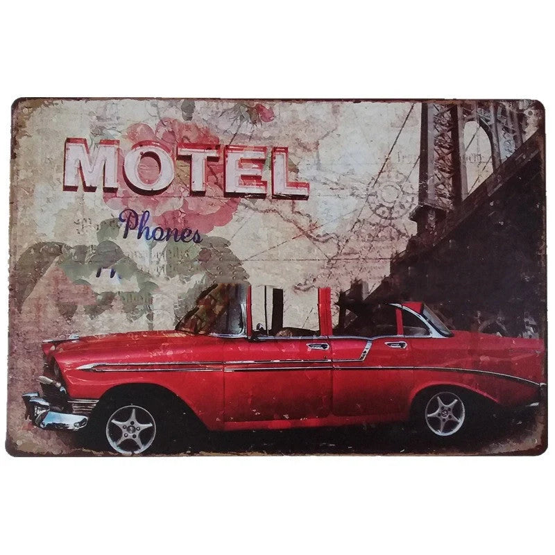Retro tin painting metal crafts with car and motorcycle patterns in vibrant colours