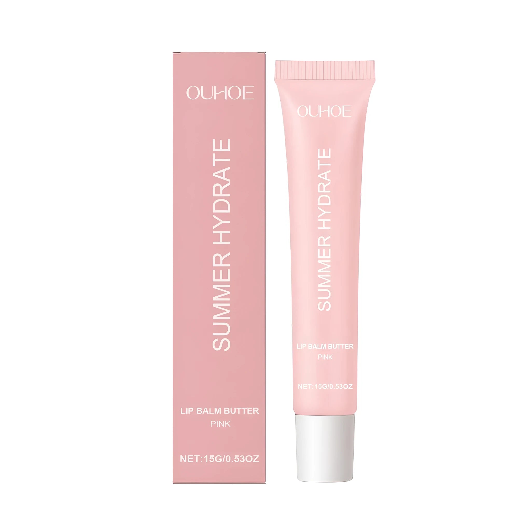 Pink lipstick applicator of shea butter lip balm with grape seed and olive oils.