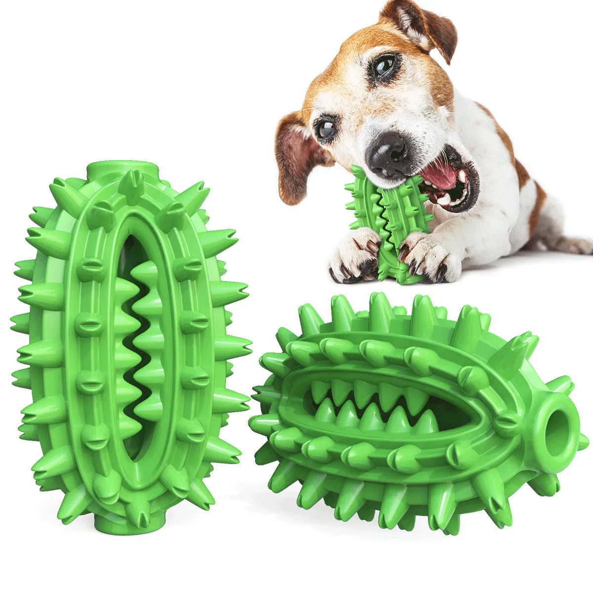 Green durable cactus-shaped dog toothbrush toy for medium to large aggressive chewers on a white background.