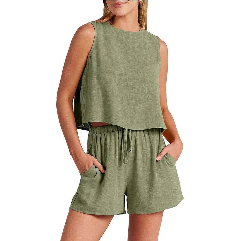 Women's summer sleeveless top and drawstring shorts set in various vibrant colors