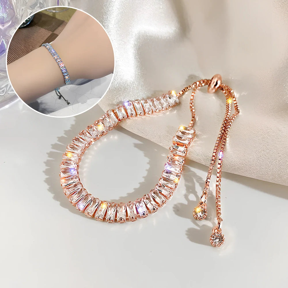 Women's adjustable rhinestone copper bracelet in geometric silver, gold or rose gold, 16-20cm fit with chain and tassels