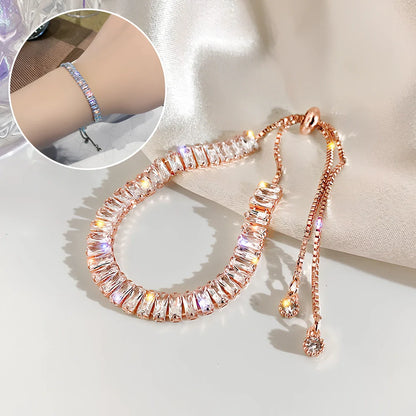 Women's adjustable rhinestone copper bracelet in geometric silver, gold or rose gold, 16-20cm fit with chain and tassels